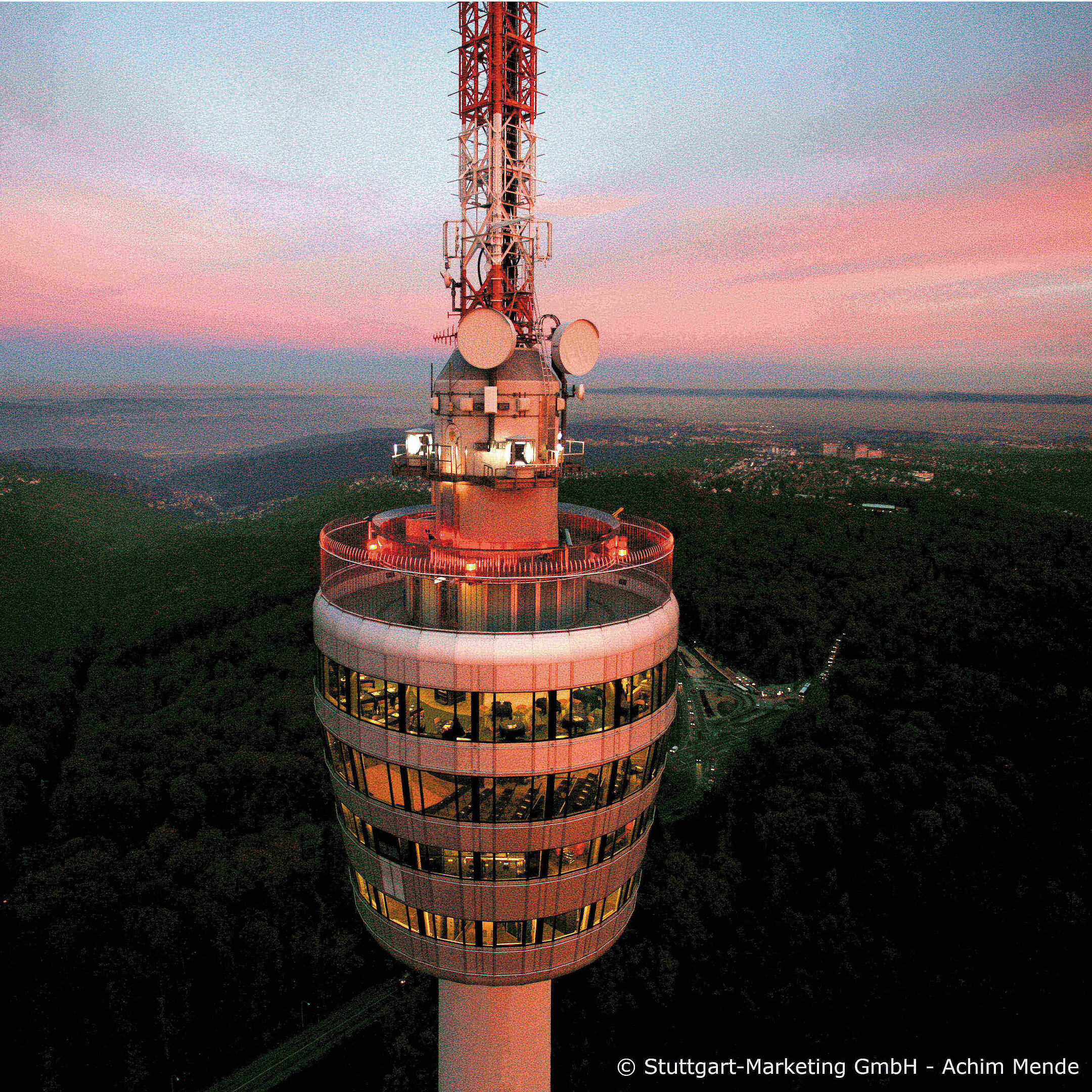 Stuttgart TV tower at sunset Stuttgart TV tower at sunset with panoramic view over city and landscape