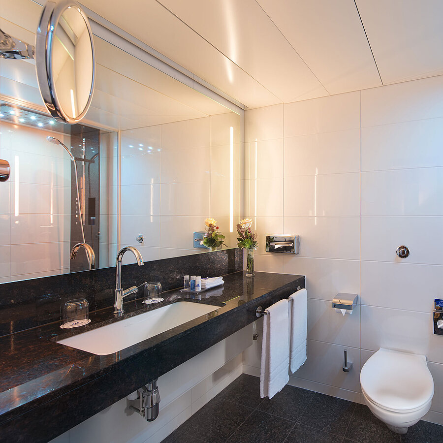Bathroom Spacious bathroom with shower, toilet, mirror and granite sink at the Maritim Hotel Stuttgart