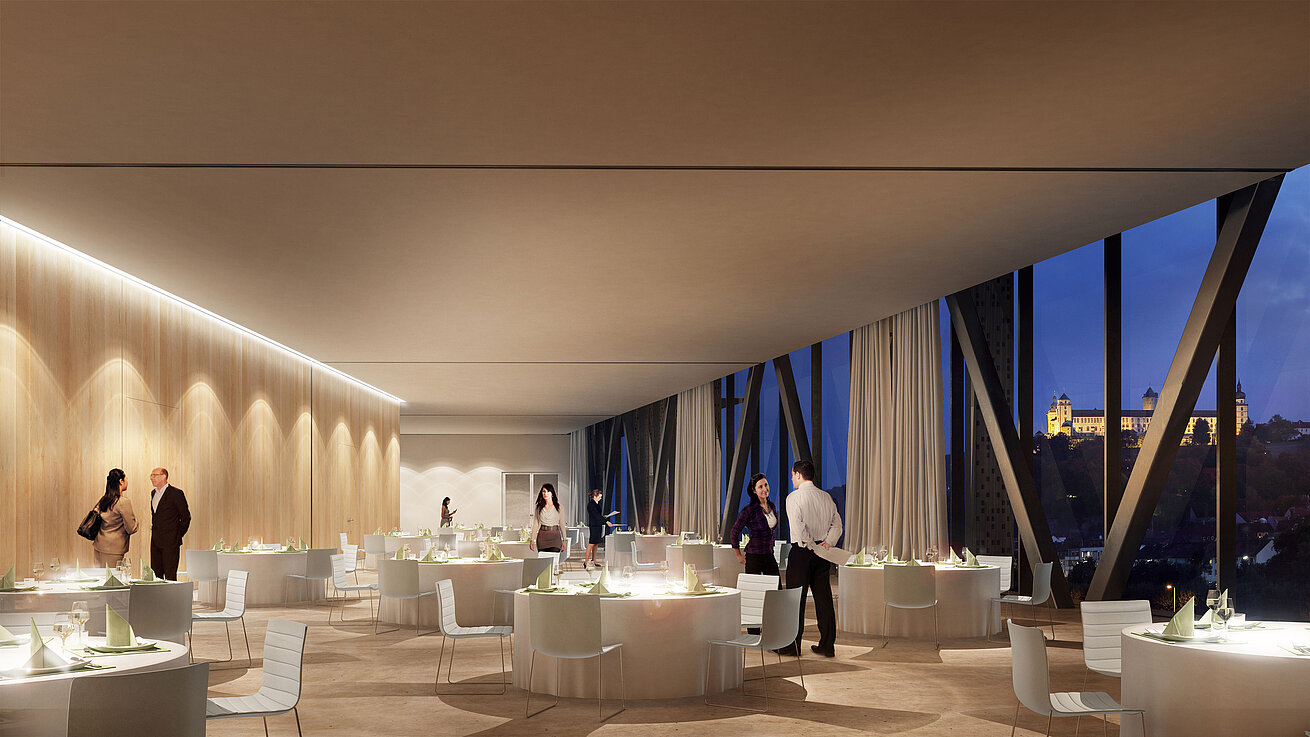 Conference in Würzburg Modern conference in Würzburg with elegant event space, set tables and view of the fortress