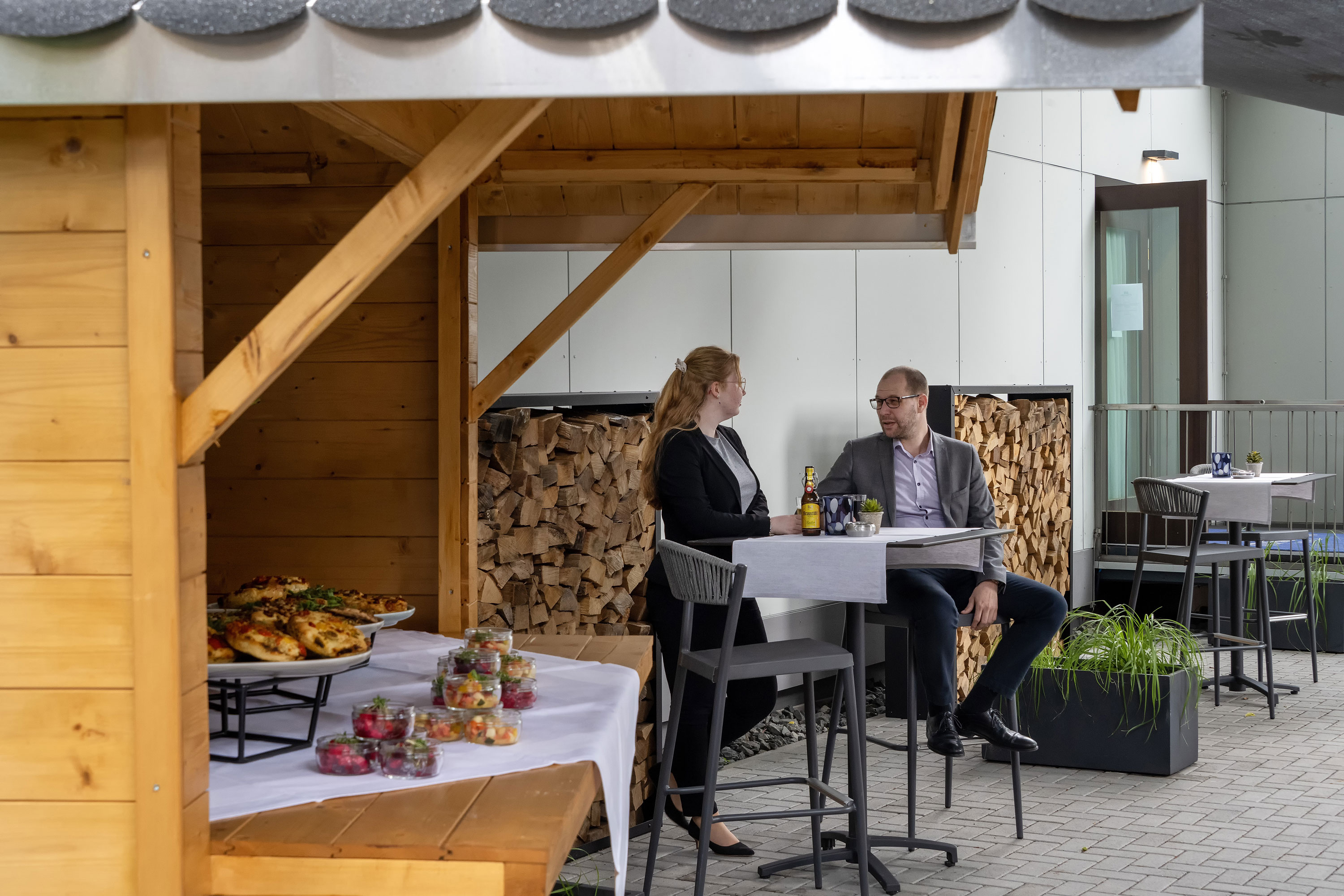 Outdoor terrace Conference guests on a break with catering on the terrace of the Saal Maritim at the Maritim Hotel Darmstadt