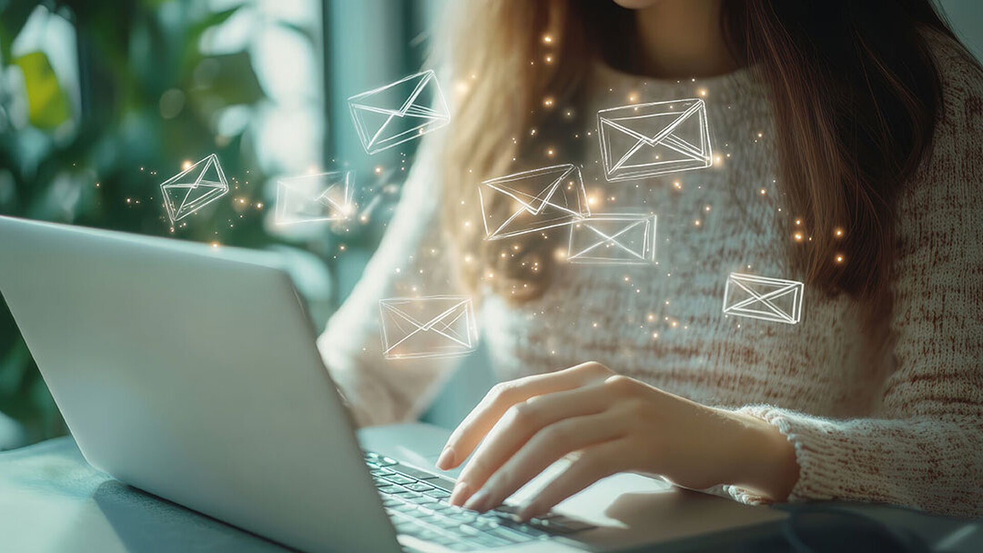 © Tanuha - AdobeStock.com Woman working on laptop with digital email icons in modern office setting
