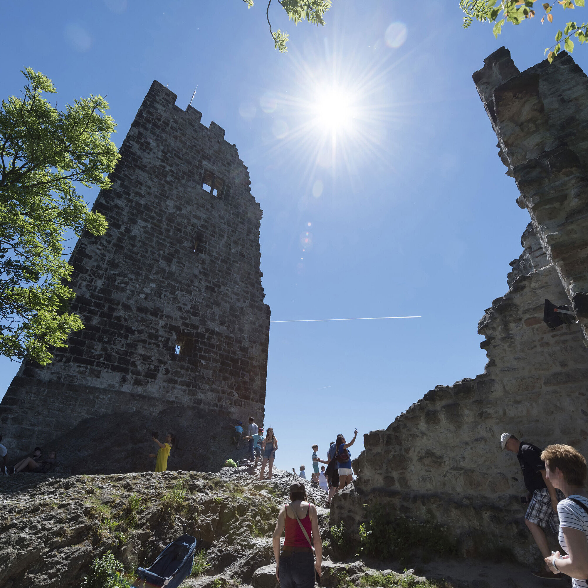 Drachenfels The historic Drachenfels castle ruins in Königswinter with visitors and bright sunshine.