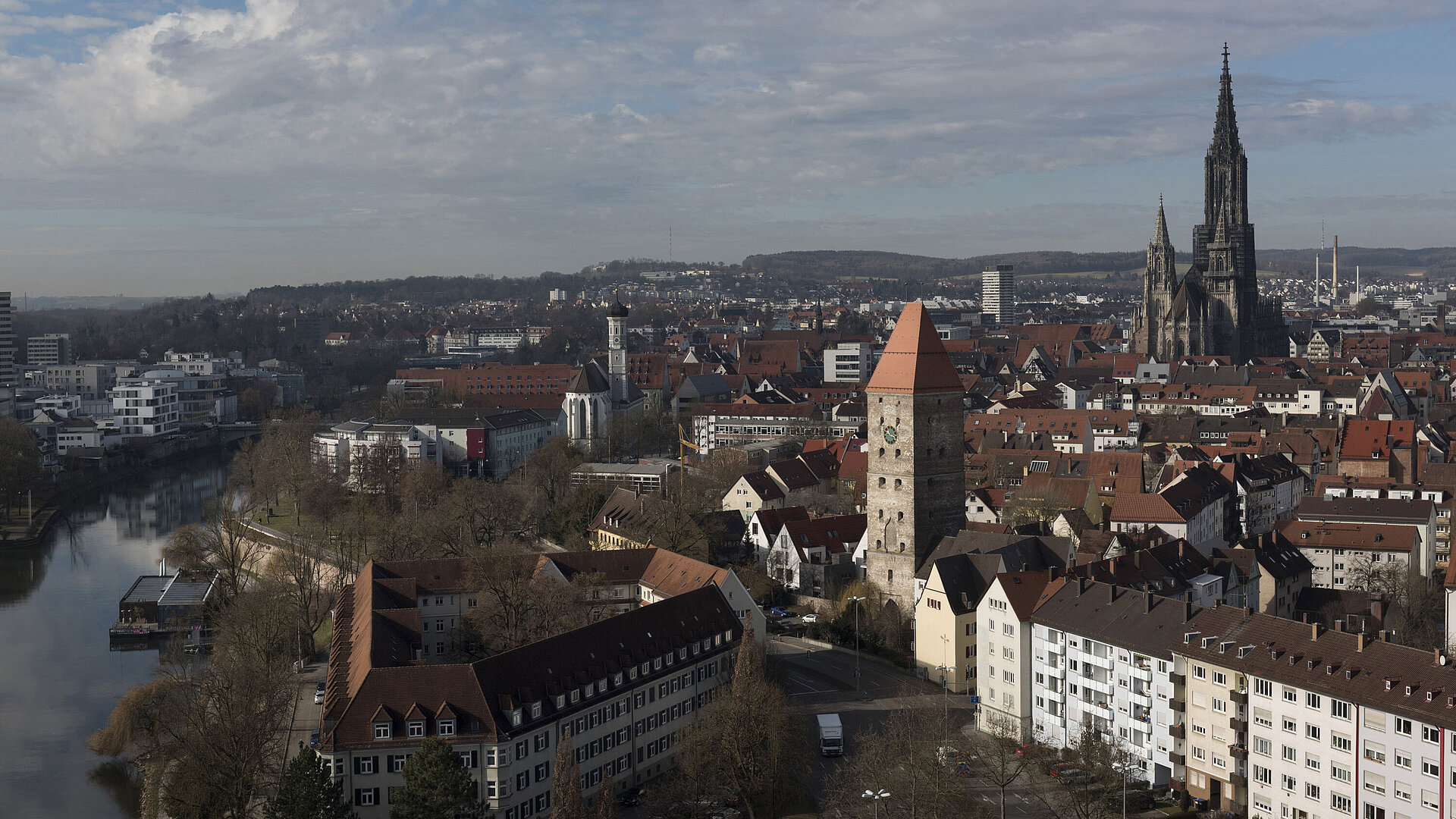 City of Ulm City view of Ulm with Danube, city tower and Ulm Minster in daylight.